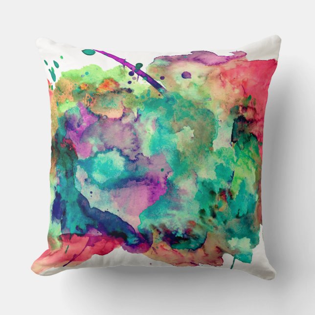 Unique, Bold, Colorful Watercolor Paint Splatters Throw Pillow (Front)