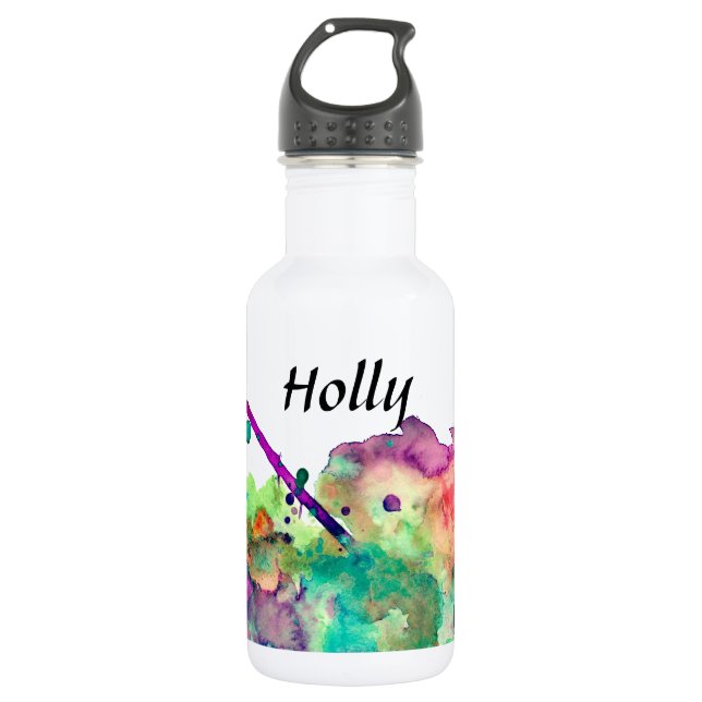 Unique, Bold, Colorful Watercolor Paint Splatters Water Bottle (Front)