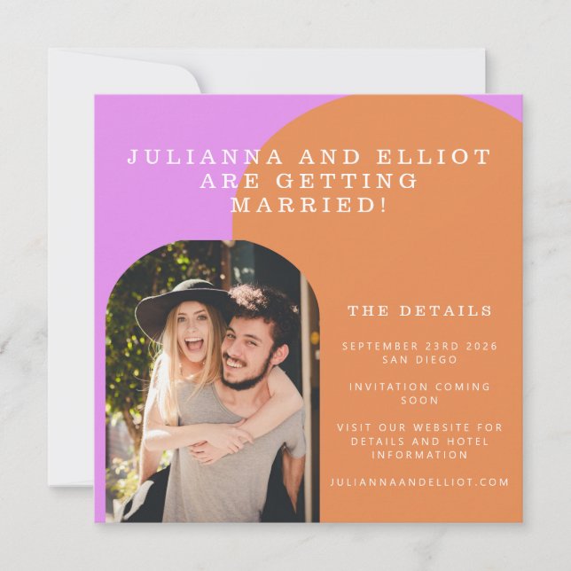 Unique Bold Fun Pink Orange Retro Photo Wedding  Save The Date (Front)