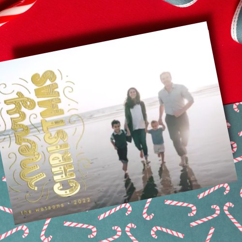 Unique Bold Hand Lettered Merry Christmas Photo Foil Holiday Card