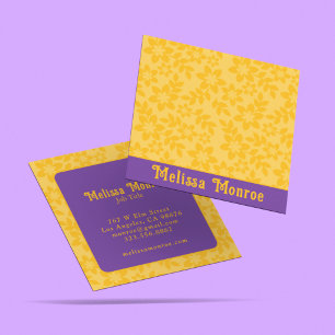Unique Bold Yellow Mustard & Purple Floral Script Square Business Card