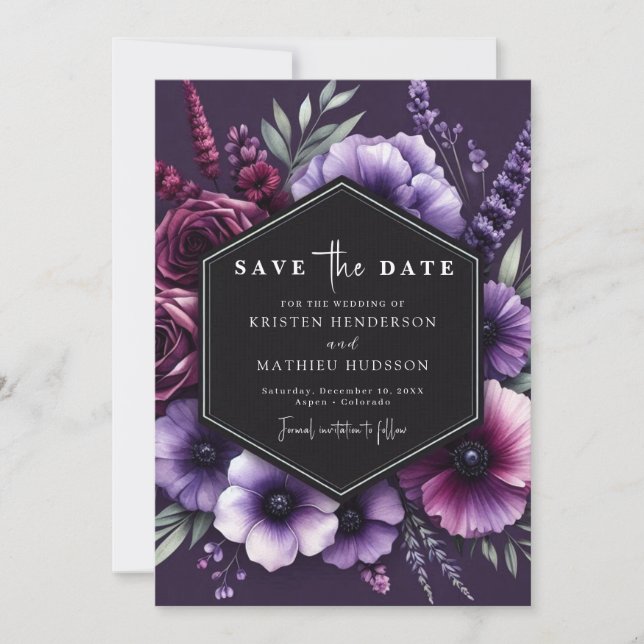 Unique Botanical Purple Floral Wedding Save The Date (Front)