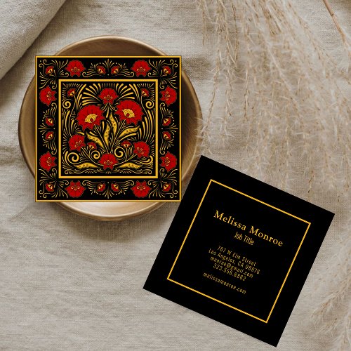 Unique Botanical Red Flowers  Gold Typography Square Business Card