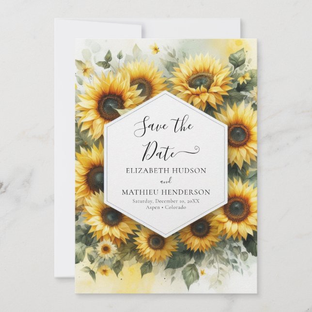 Unique Botanical Sunflower Wedding Save The Date (Front)