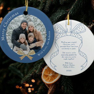 Unique Bow Christmas Ball Ball Blue Photo Ceramic Ornament