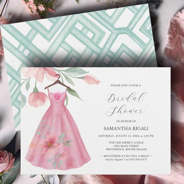 Unique Bridal Shower Invitations Pink & Sage Blue  (unique Bridal shower invitation watercolor blue & pink dress art by Victoria Grigaliunas)