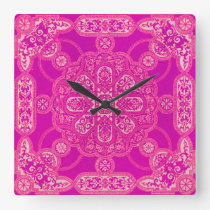 Unique Bright Colorful Pink Purple Ornate Pattern  Square Wall Clock