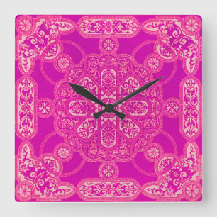 Unique Bright Colorful Pink Purple Ornate Pattern  Square Wall Clock