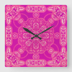 Unique Bright Colorful Pink Purple Ornate Pattern  Square Wall Clock