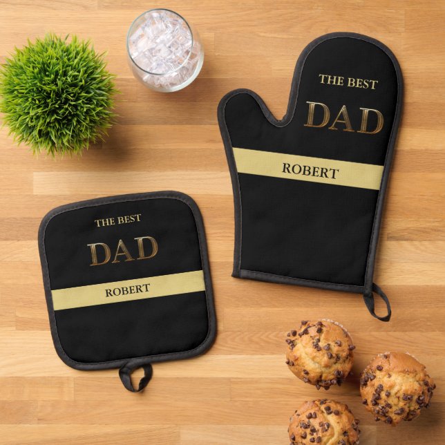 Unique Bronze Metallic Look BEST DAD Name  Oven Mitt & Pot Holder Set (Top Down)