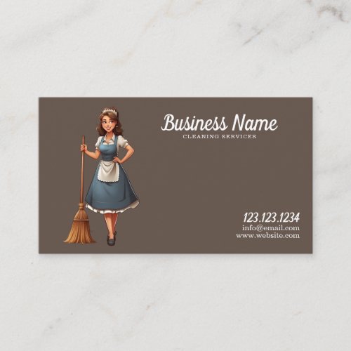 Unique Brown and White Cute Maid Cleaning Service Business Card
