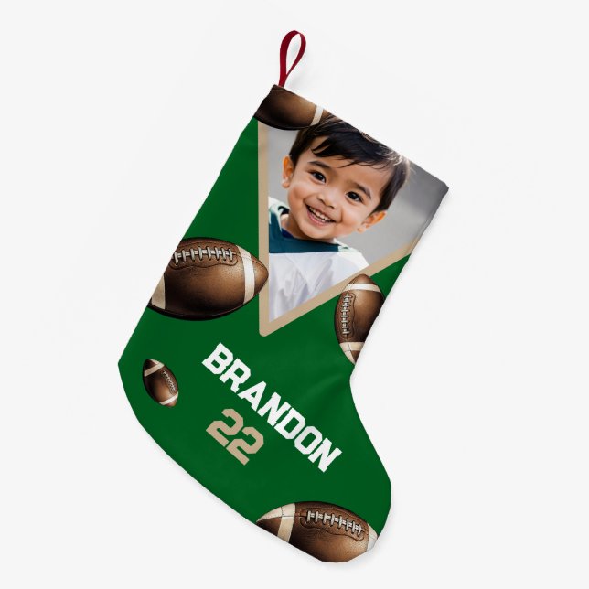 Unique Brown & Green Football Photo Name Small Christmas Stocking (Front (Hanging))