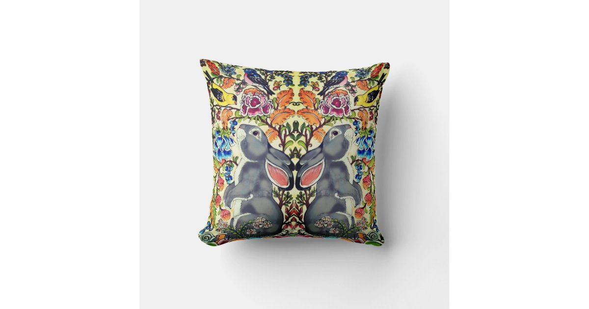 Unique Bunny Rabbit Bird Floral Jacobean Exotic Throw Pillow | Zazzle