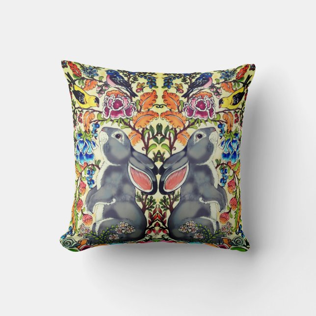 Unique Bunny Rabbit Bird Floral Jacobean Exotic Throw Pillow (Front)