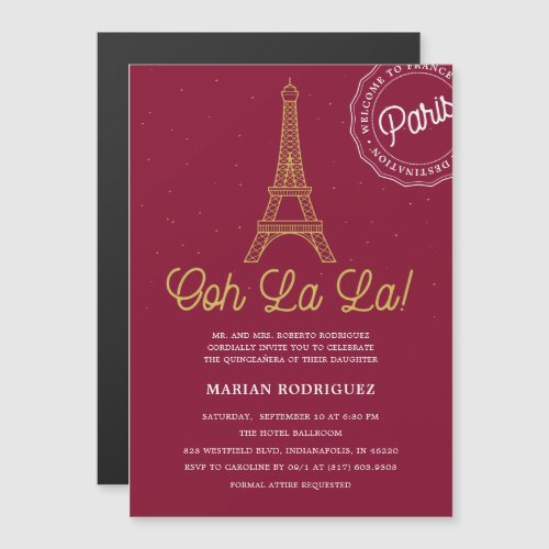 Unique Burgundy and Gold Eiffel Tower Quinceaera Magnetic Invitation