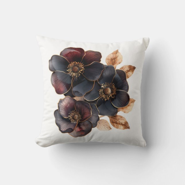 Unique burgundy black and gold pressed flowers throw pillow (Front)