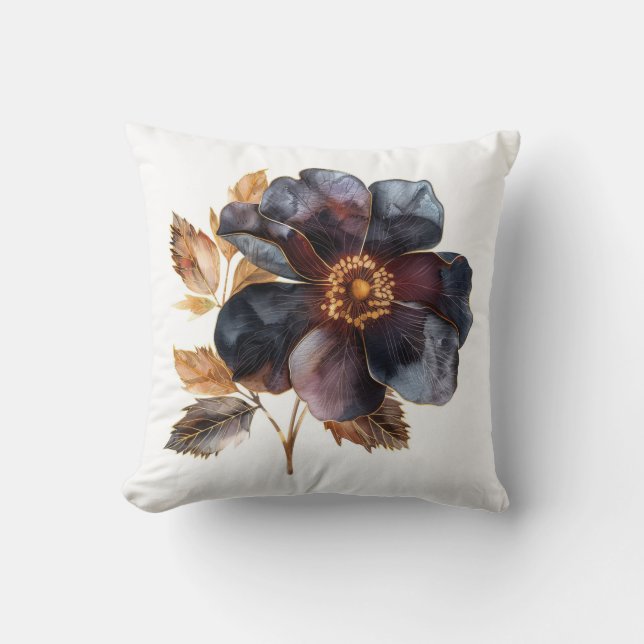 Unique burgundy black and gold pressed flowers throw pillow (Front)