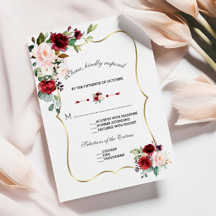 Unique Burgundy Blush Flowers Gold Wedding RSVP Card