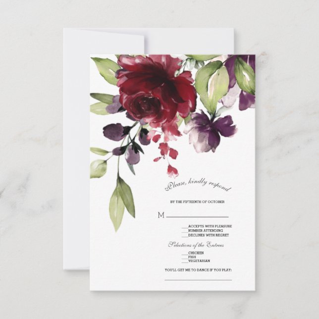 Unique Burgundy Blush Flowers Gold Wedding RSVP Card (Front)