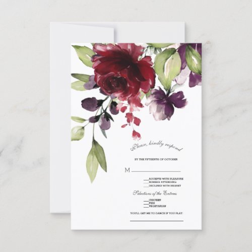 Unique Burgundy Blush Flowers Gold Wedding RSVP Card