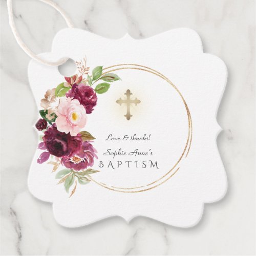 Unique Burgundy Blush Saffron Floral Gold Baptism Favor Tags