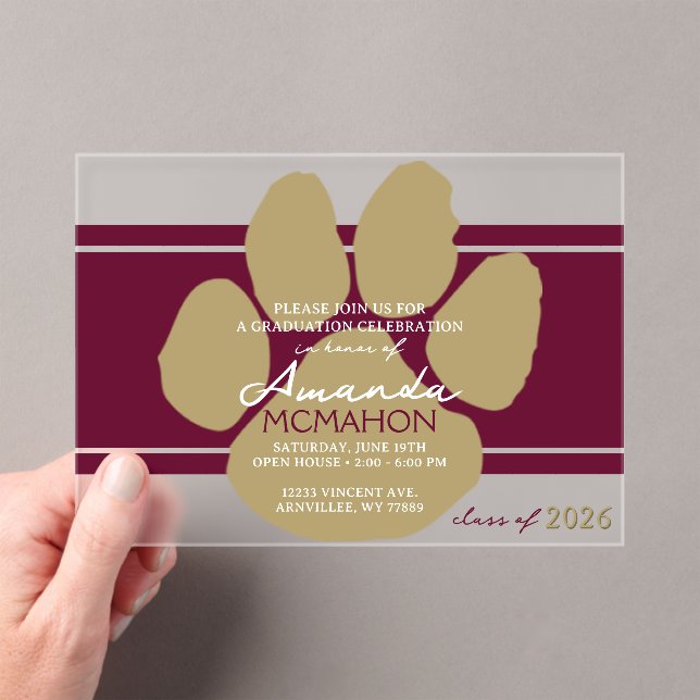Unique Burgundy & Bronze Gold Graduation Pawprint Acrylic Invitations (Insitu (Handheld))