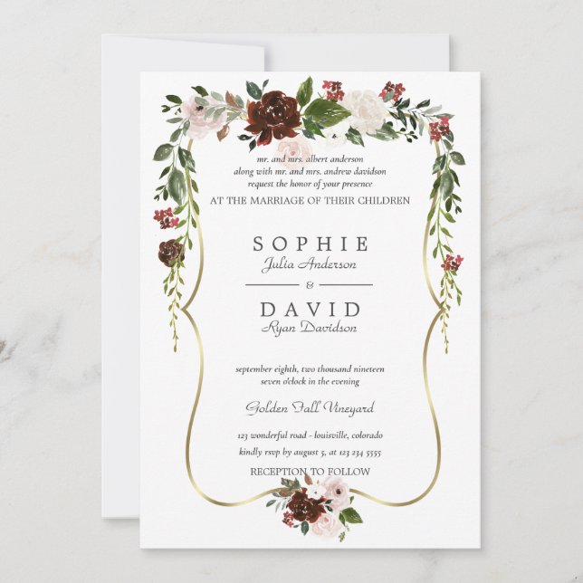 Unique Burgundy Cream Floral Gold Wedding Invitation (Front)