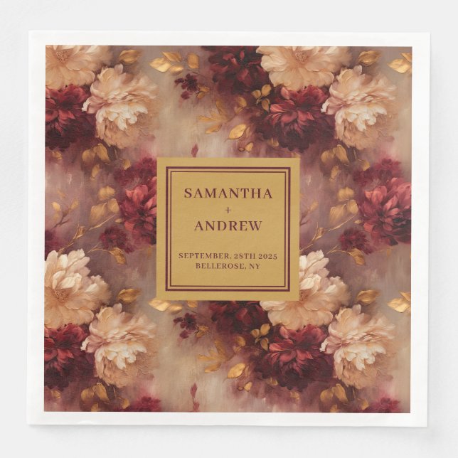 Unique Burgundy Gold Boho Wedding Cloth Napkins (Front)