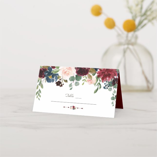 Unique Burgundy Navy Blue Floral Table Number Place Card (Front)