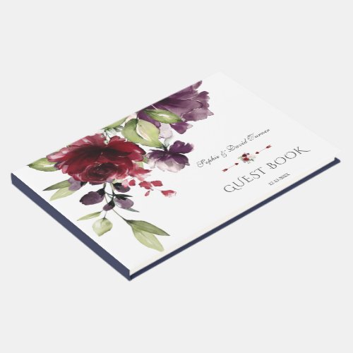 Unique Burgundy Purple Watercolor Flowers Wedding Guest Book