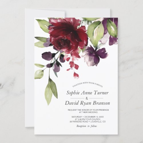Unique Burgundy Purple Watercolor Flowers Wedding Invitation