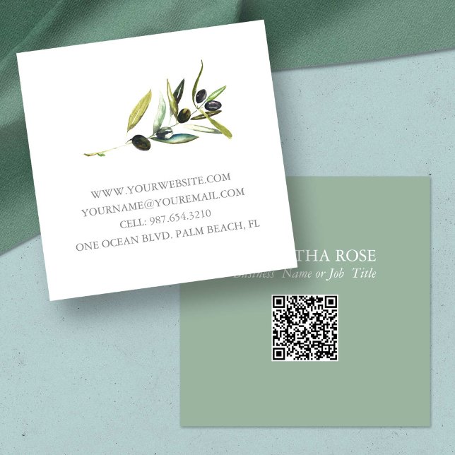 Unique Business Cards Watercolor Botanical (unique business cards watercolor botanical olive branch QR code)