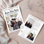 Unique Calendar newspaper photo Graduation  Save The Date<br><div class="desc">This creative calendar-style "Save the Date" graduation card features three photos of the graduate, capturing key moments of their journey. The design includes a calendar grid with the graduation date clearly marked, highlighted with a special icon, like a graduation cap. The combination of the photos and calendar grid adds a...</div>