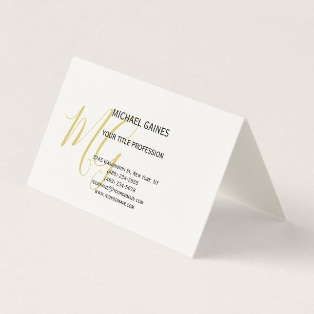 Unique Calligraphy Gold Color Monogram Cream Business Card (Front)