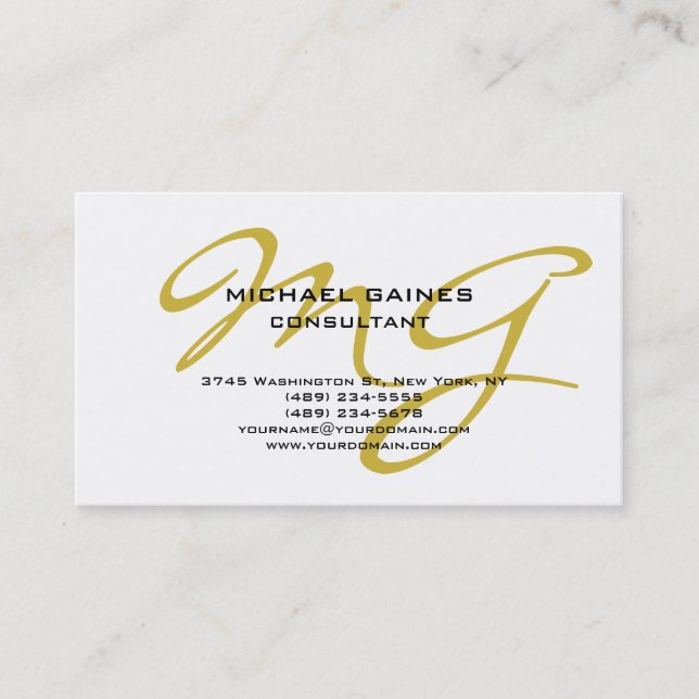 Unique Calligraphy Gold Color Monogram White Business Card (Front)