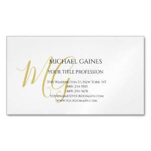 Unique Calligraphy Gold Color Monogram White Business Card Magnet