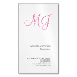 Unique Calligraphy Monogram White Pink Initials Business Card Magnet