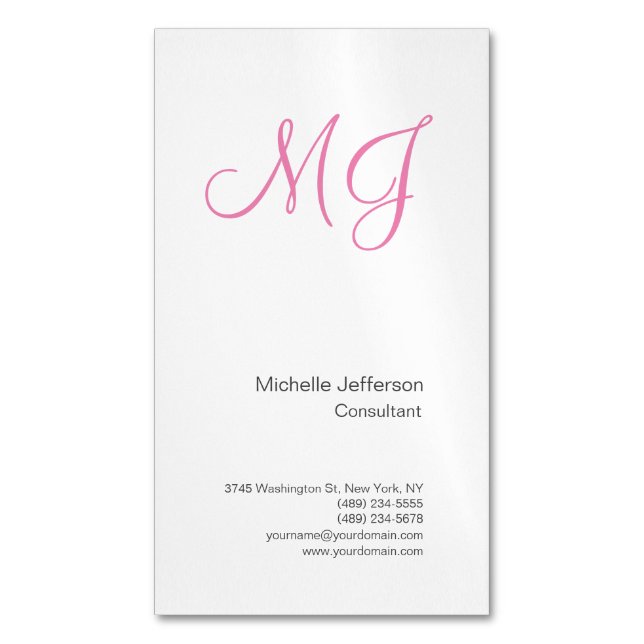 Unique Calligraphy Monogram White Pink Initials  Business Card Magnet (Front Vertical)