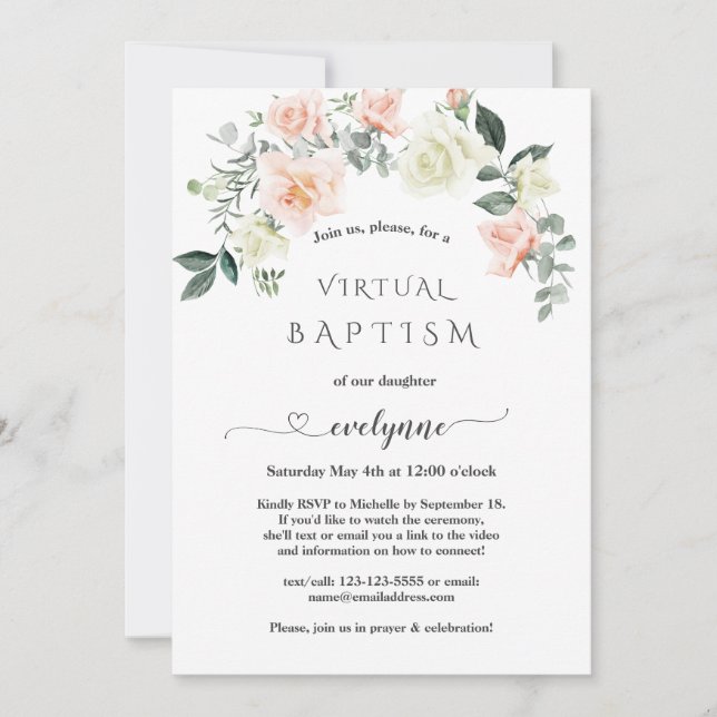 Unique Calligraphy Pink Flowers Virtual Baptism Invitation (Front)