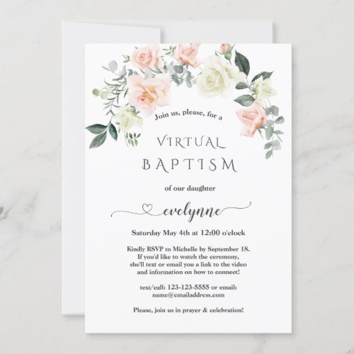 Unique Calligraphy Pink Flowers Virtual Baptism Invitation