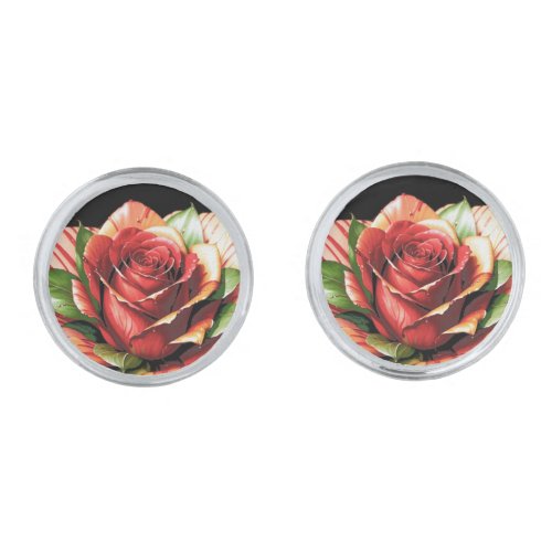 Unique Candy Cane Rose Design Flower Cufflinks