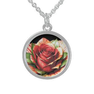 Unique Candy Cane Rose Design Flower Sterling Silver Necklace