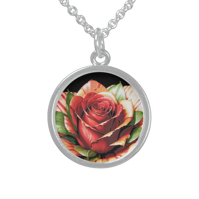 Unique Candy Cane Rose Design Flower Sterling Silver Necklace (Front)