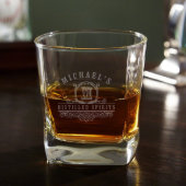 Unique Carraway Etched Square Whiskey Glass (Front)
