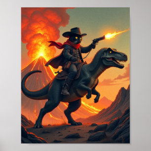 Unique Cat Cowboy Riding Dinosaur Cat Cowboy Poster