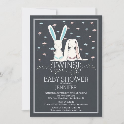 Unique Chalkboard TWIN Girl Boy Bunny Baby Shower Invitation