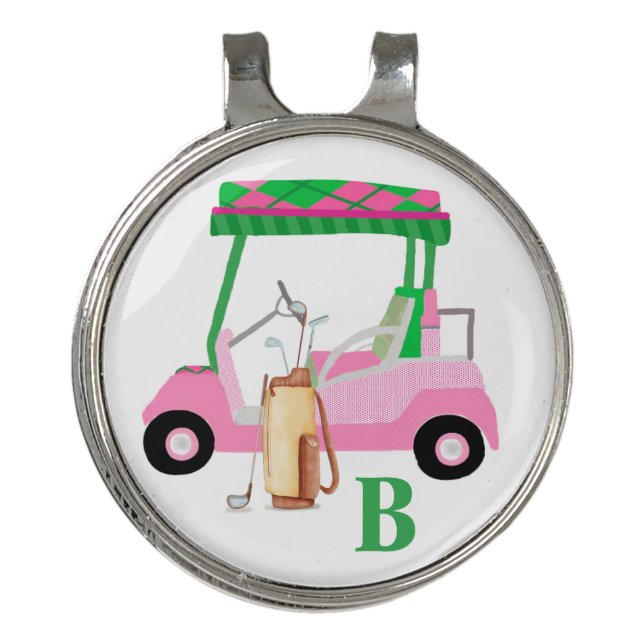 Unique Charming Golf Cart with Clubs Monogram   Golf Hat Clip (Front)
