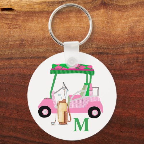 Unique Charming Golf Cart with Clubs Monogram   Keychain