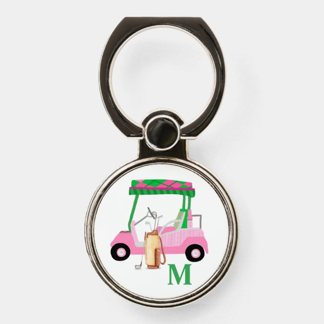Unique Charming Golf Cart with Clubs Monogram   Phone Ring Stand (Front)