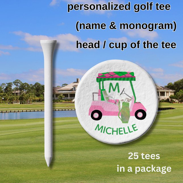 Unique Charming Pink Golf Cart Clubs Monogram Name Golf Tees (Creator Uploaded)
